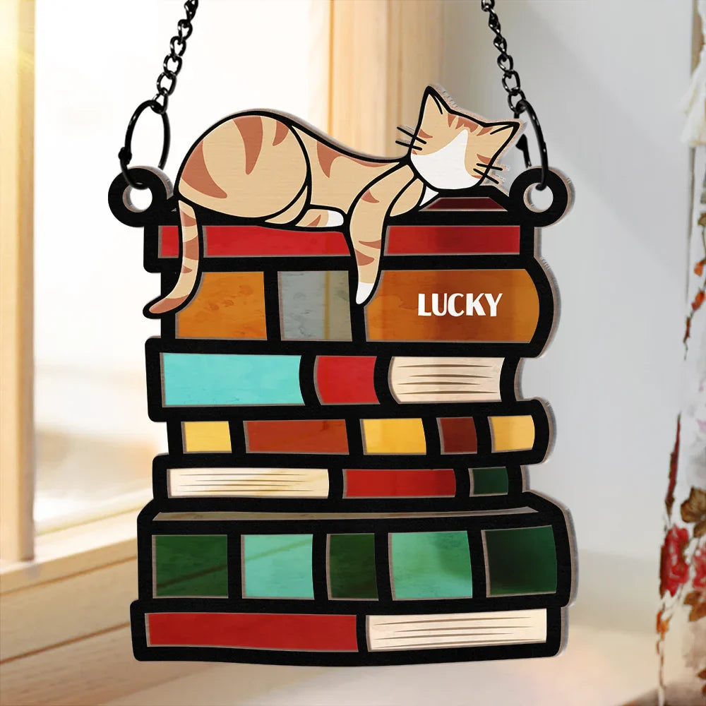 Sleeping Cat On The Books - Personalized Window Hanging Suncatcher Ornament