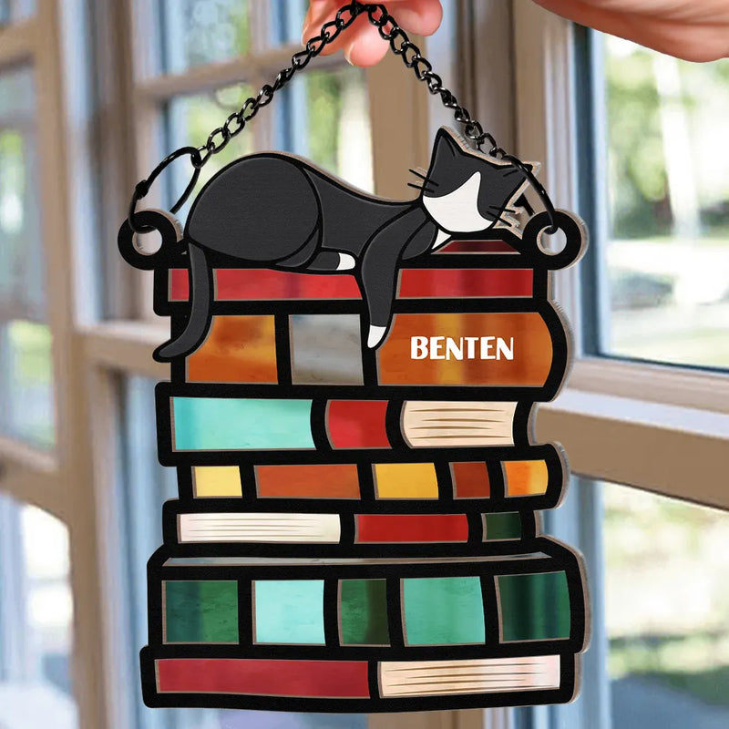 Sleeping Cat On The Books - Personalized Window Hanging Suncatcher Ornament