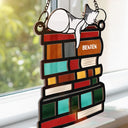 Sleeping Cat On The Books - Personalized Window Hanging Suncatcher Ornament