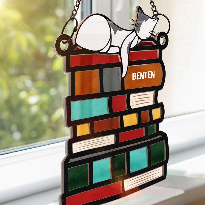 Sleeping Cat On The Books - Personalized Window Hanging Suncatcher Ornament