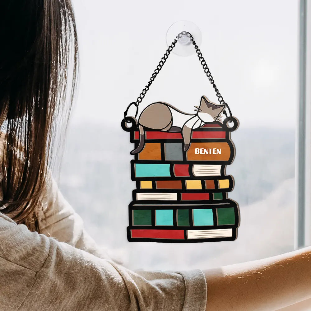 Sleeping Cat On The Books - Personalized Window Hanging Suncatcher Ornament