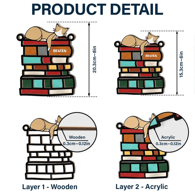 Sleeping Cat On The Books - Personalized Window Hanging Suncatcher Ornament