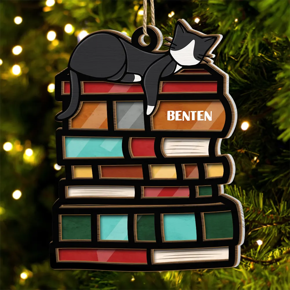 Sleeping Cat On The Books - Personalized Suncatcher Ornament