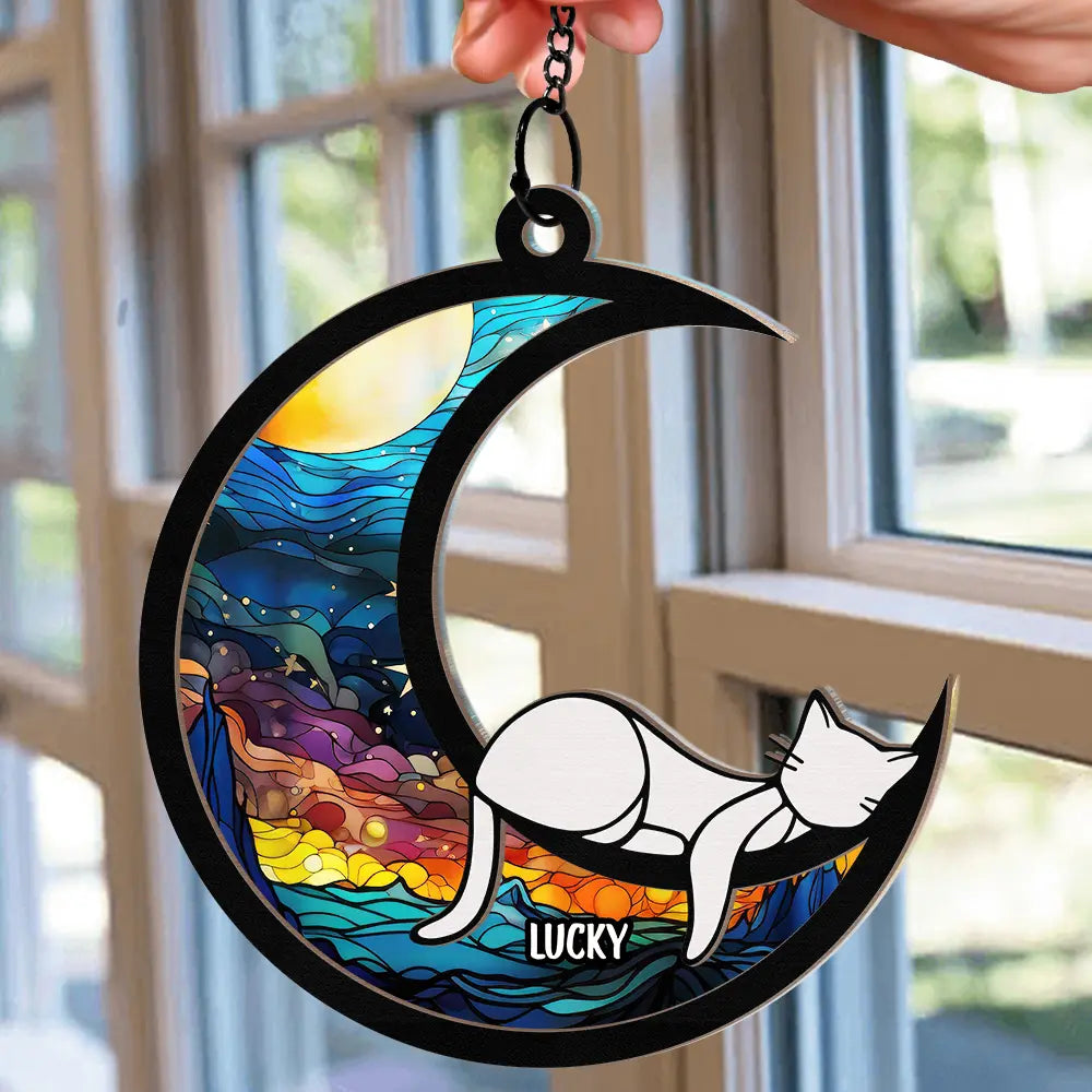 Sleeping Cat On The Moon Ver 2 - Personalized Window Hanging Suncatcher Ornament