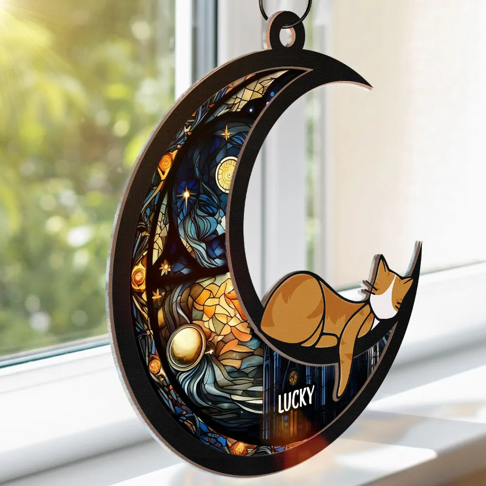 Sleeping Cat On The Moon Ver 2 - Personalized Window Hanging Suncatcher Ornament