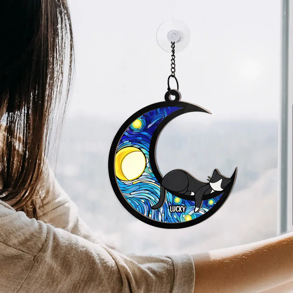 Sleeping Cat On The Moon Ver 2 - Personalized Window Hanging Suncatcher Ornament