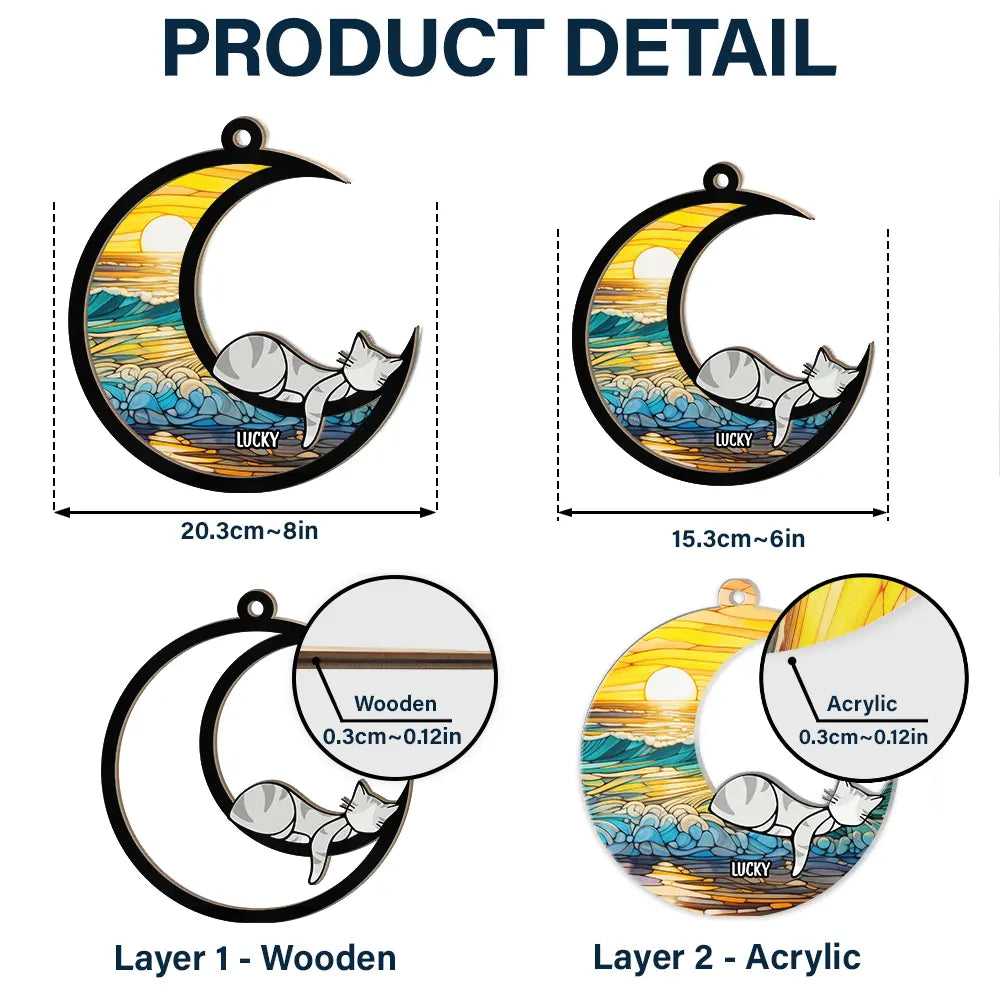 Sleeping Cat On The Moon Ver 2 - Personalized Window Hanging Suncatcher Ornament