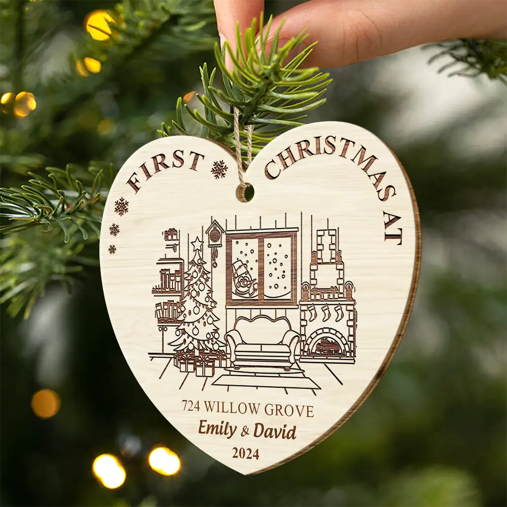 Christmas,Family,Happy - First Christmas In Our New Home - Personalized Custom Shaped Wooden Ornament