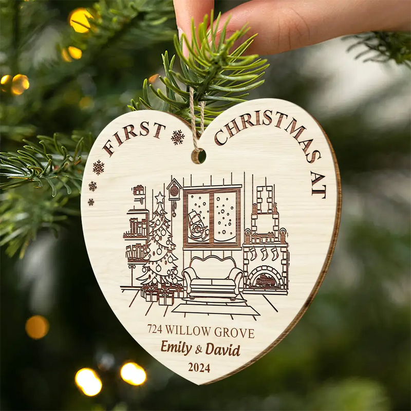 Christmas,Family,Happy - First Christmas In Our New Home - Personalized Custom Shaped Wooden Ornament