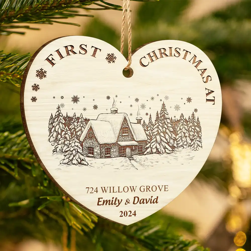 Christmas,Family,Happy - First Christmas In Our New Home - Personalized Custom Shaped Wooden Ornament