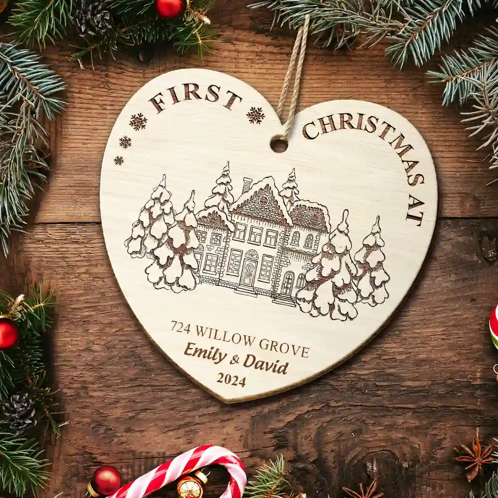 Christmas,Family,Happy - First Christmas In Our New Home - Personalized Custom Shaped Wooden Ornament