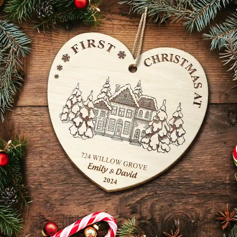 Christmas,Family,Happy - First Christmas In Our New Home - Personalized Custom Shaped Wooden Ornament