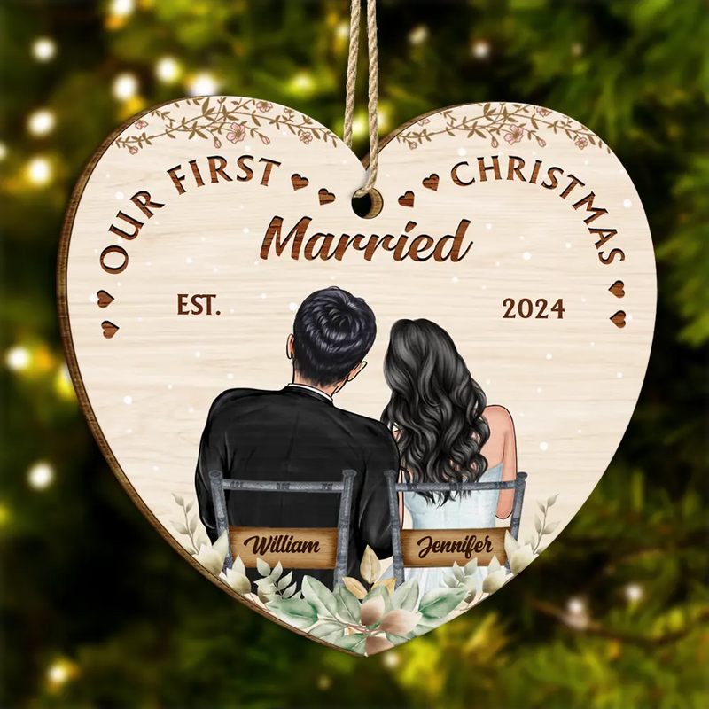 Gift For Couples - Our First Christmas Married Couples - Personalized Custom Shaped Wooden Ornament