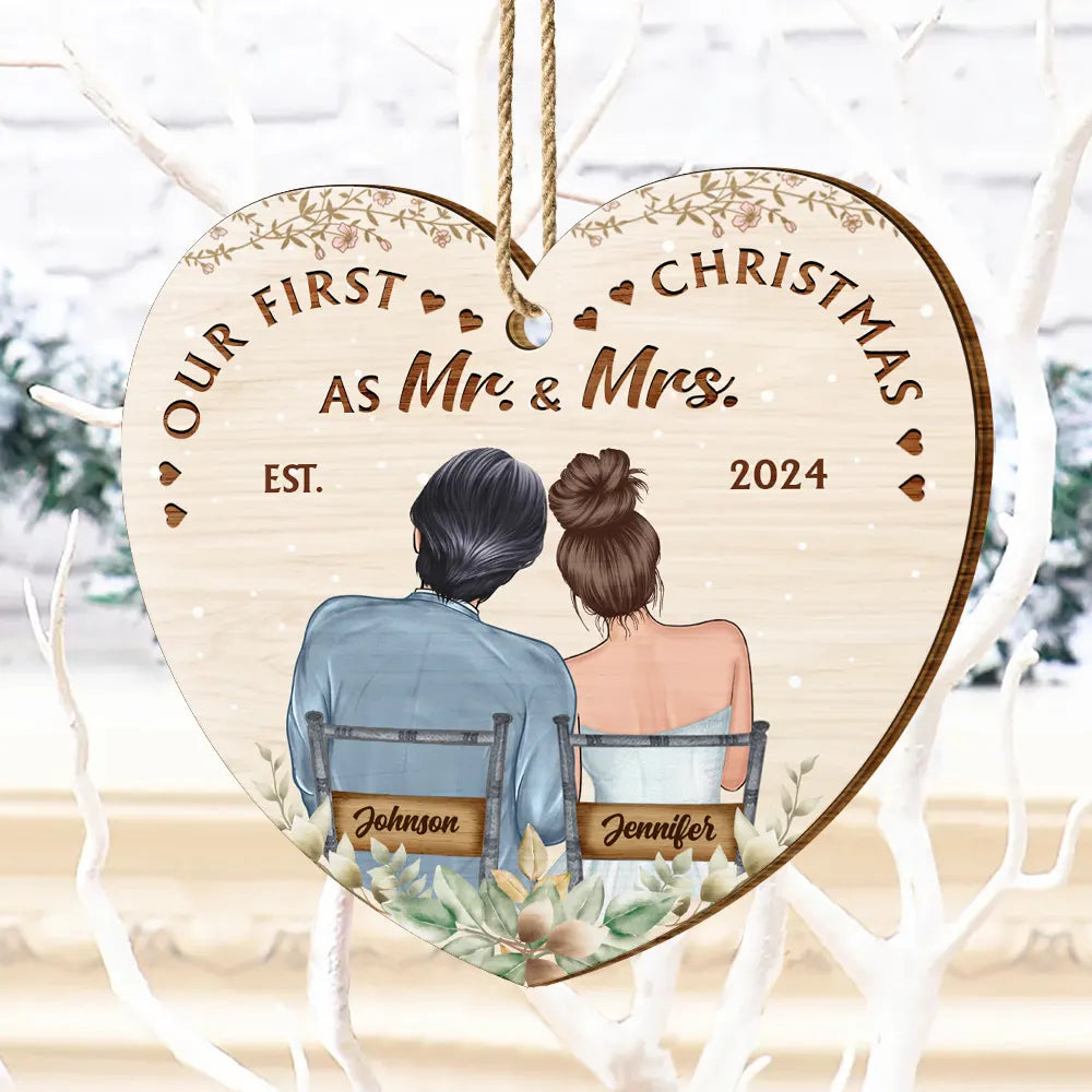Gift For Couples - Our First Christmas Married Couples - Personalized Custom Shaped Wooden Ornament