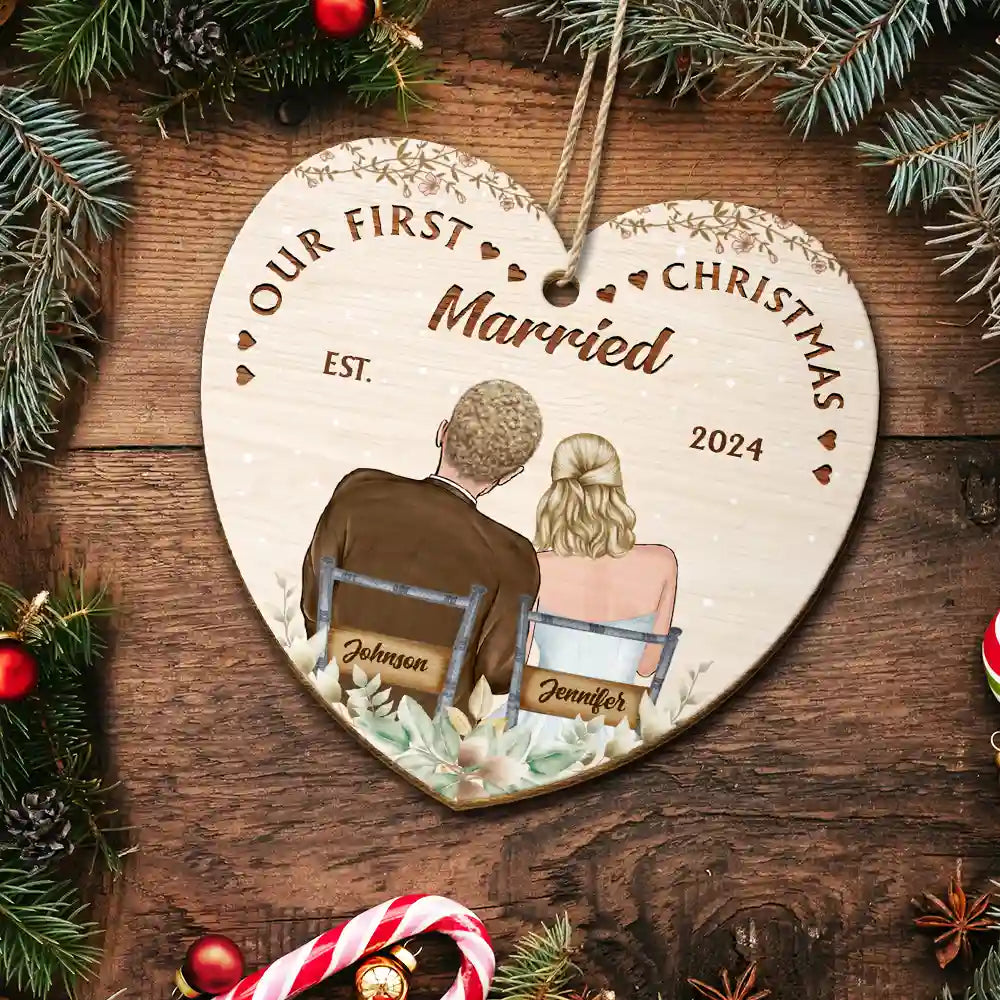 Gift For Couples - Our First Christmas Married Couples - Personalized Custom Shaped Wooden Ornament