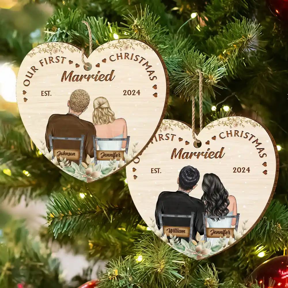 Gift For Couples - Our First Christmas Married Couples - Personalized Custom Shaped Wooden Ornament