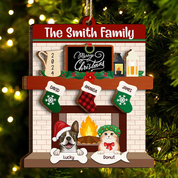 Family - Family Fire Place Stocking Christmas - Personalized 2-Layered Wooden Ornament