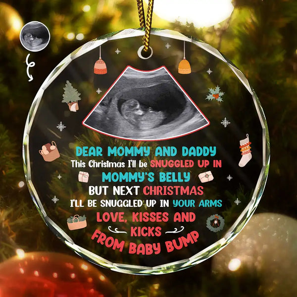 New Dad, New Mom - Custom Photo Snuggle Up In Mommy's Belly Christmas - Personalized Circle Glass Ornament