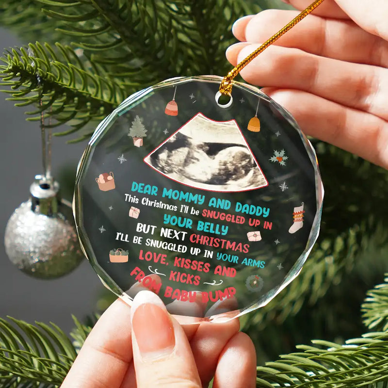 New Dad, New Mom - Custom Photo Snuggle Up In Mommy's Belly Christmas - Personalized Circle Glass Ornament