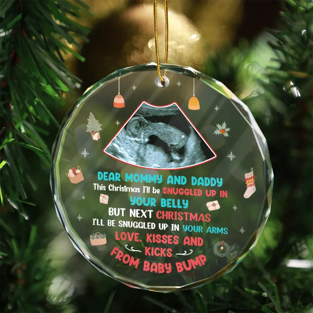 New Dad, New Mom - Custom Photo Snuggle Up In Mommy's Belly Christmas - Personalized Circle Glass Ornament