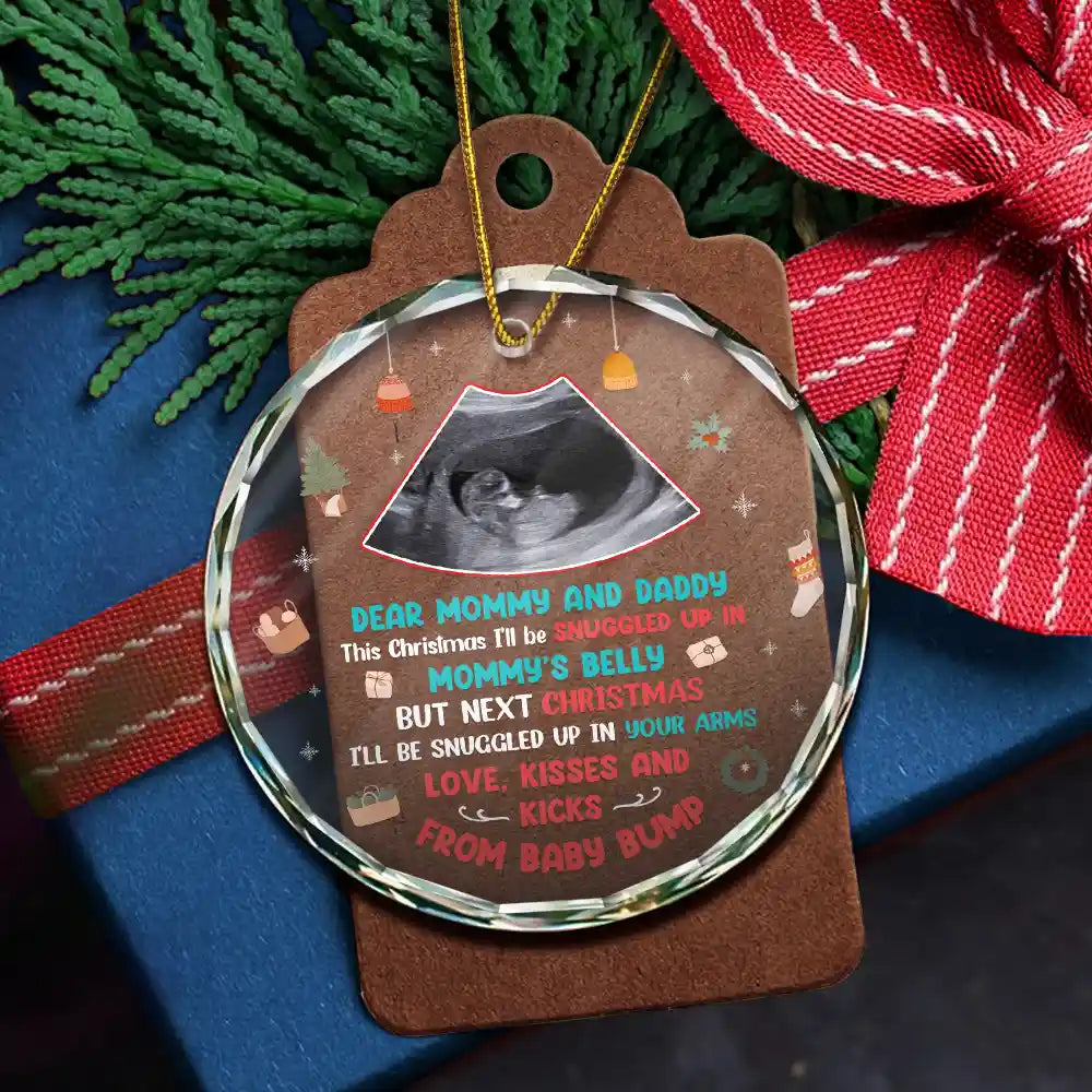 New Dad, New Mom - Custom Photo Snuggle Up In Mommy's Belly Christmas - Personalized Circle Glass Ornament