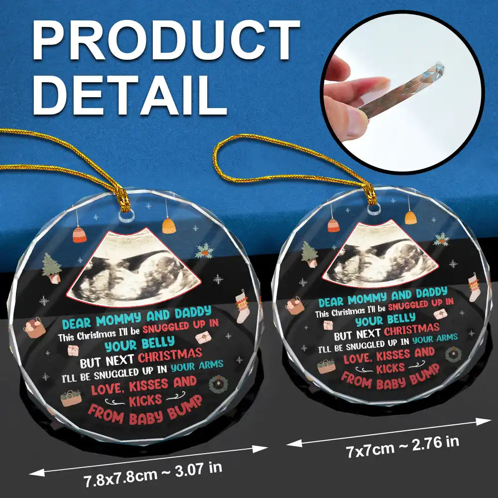 New Dad, New Mom - Custom Photo Snuggle Up In Mommy's Belly Christmas - Personalized Circle Glass Ornament