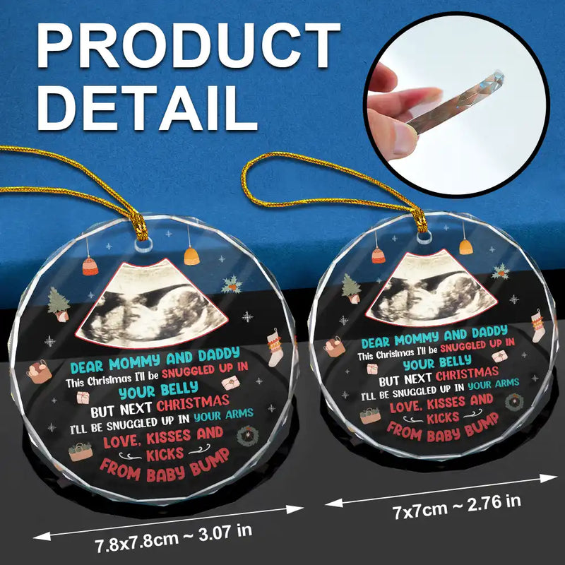 New Dad, New Mom - Custom Photo Snuggle Up In Mommy's Belly Christmas - Personalized Circle Glass Ornament