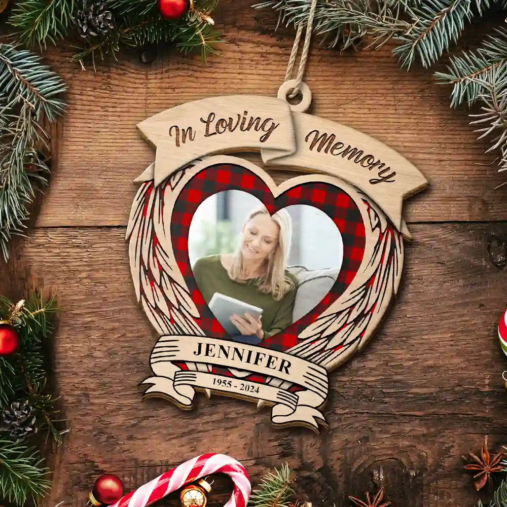 Memorial - Custom Photo In Loving Memory Memorial - Personalized Custom Shaped Wooden Ornament