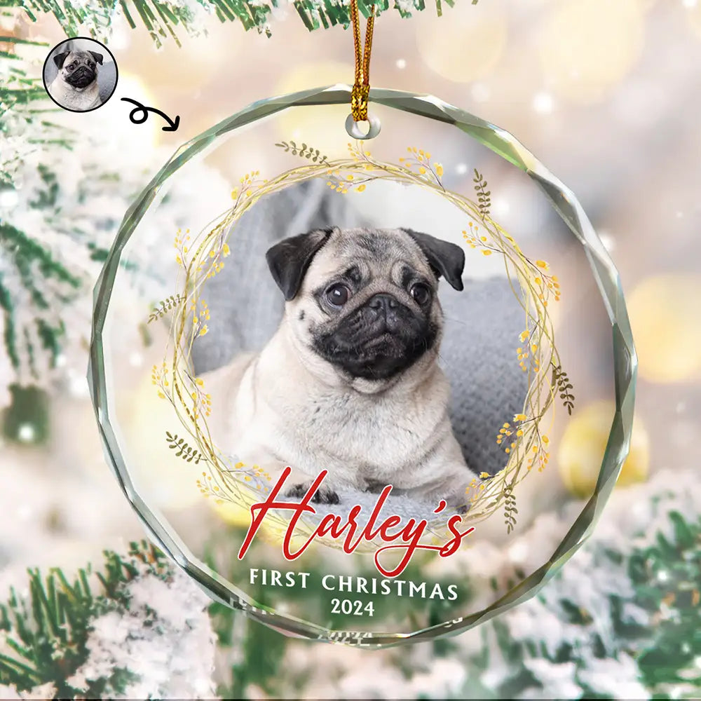 Custom Photo First Christmas Pet - Personalized Circle Glass Ornament