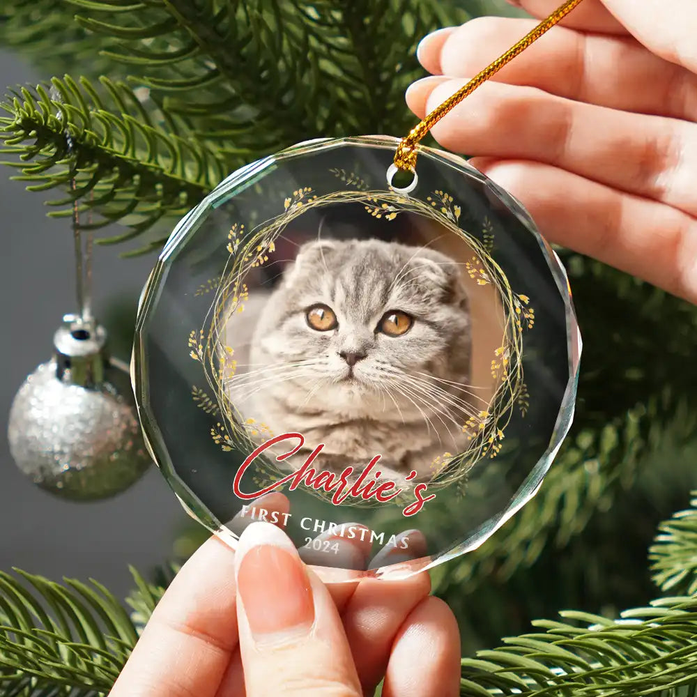Pet Lovers - Custom Photo First Christmas Pet - Personalized Circle Glass Ornament