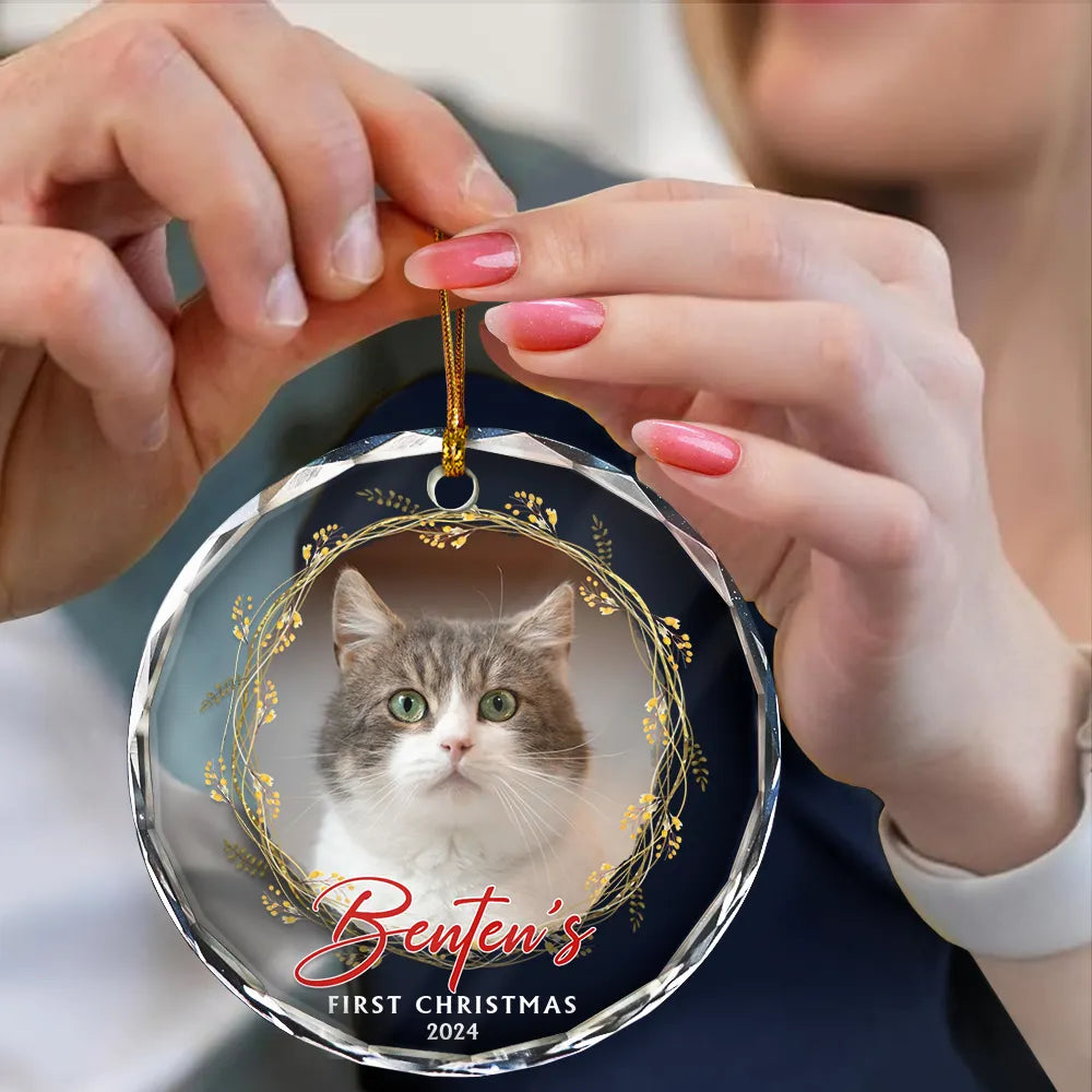 Pet Lovers - Custom Photo First Christmas Pet - Personalized Circle Glass Ornament