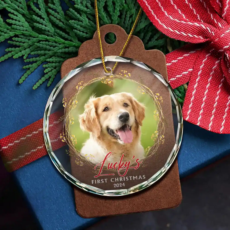 Pet Lovers - Custom Photo First Christmas Pet - Personalized Circle Glass Ornament
