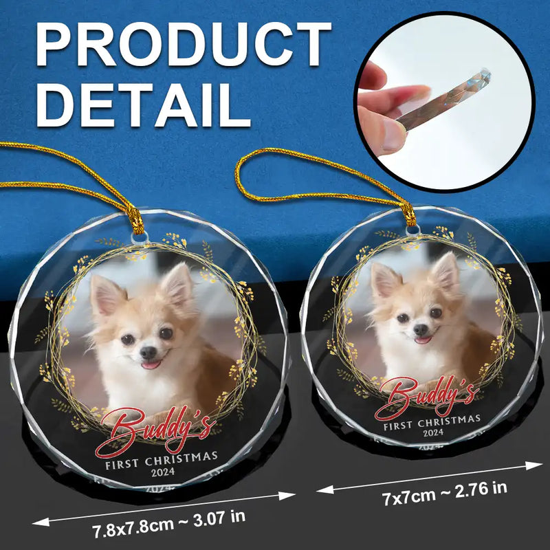 Pet Lovers - Custom Photo First Christmas Pet - Personalized Circle Glass Ornament