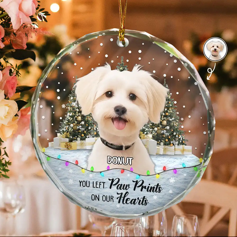 Custom Photo You Left Paw Prints Pet Memorial - Personalized Circle Glass Ornament