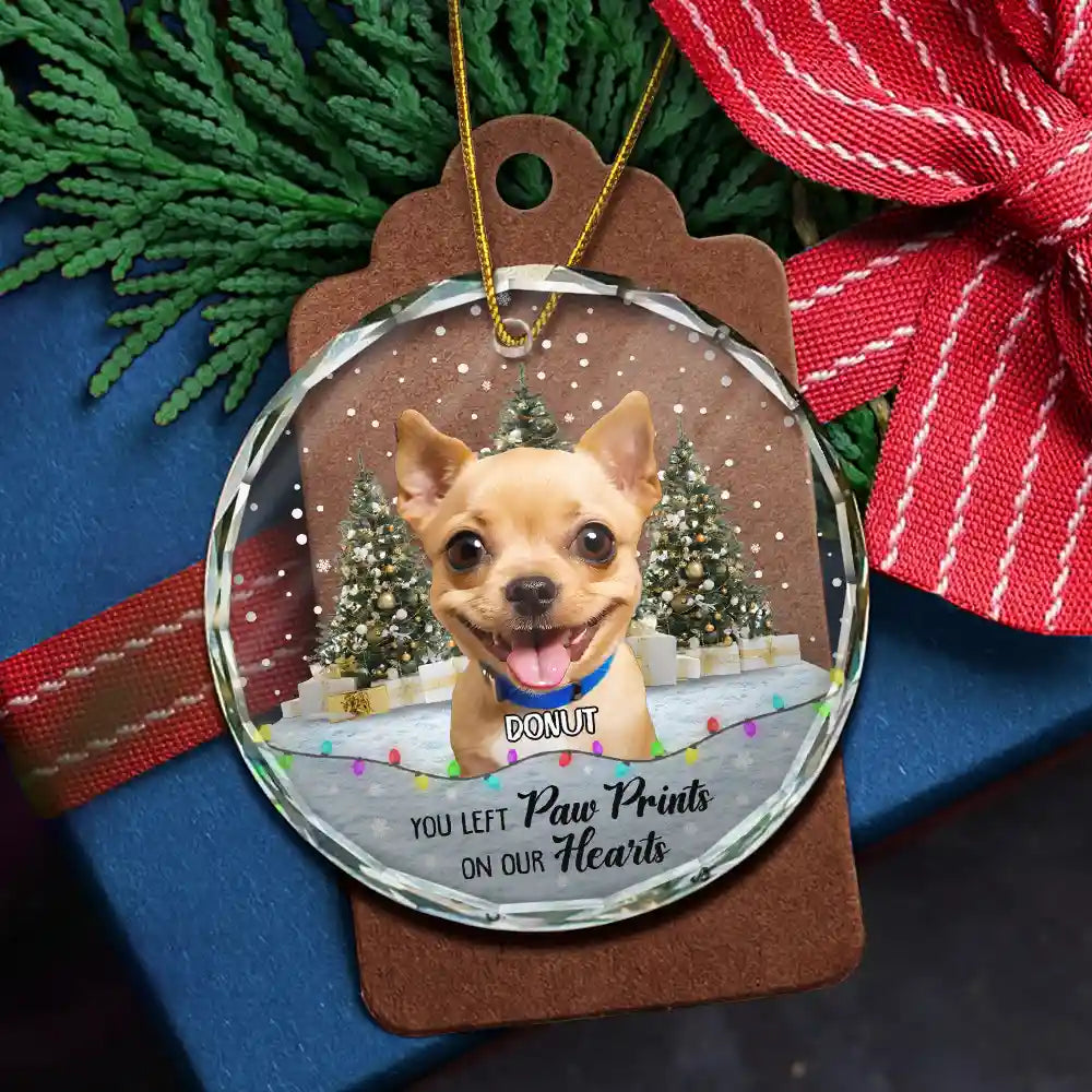 Custom Photo,Christmas,Pet Lovers,Memorial,Sad - Custom Photo You Left Paw Prints Pet Memorial - Personalized Circle Glass Ornament
