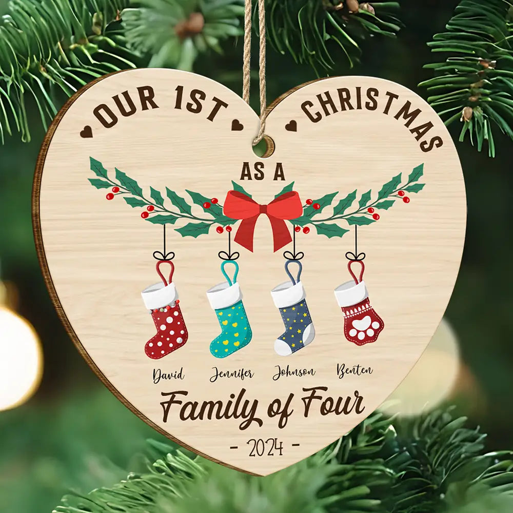 Family - First Christmas As A Family Of Four Stocking - Personalized Custom Shaped Wooden Ornament