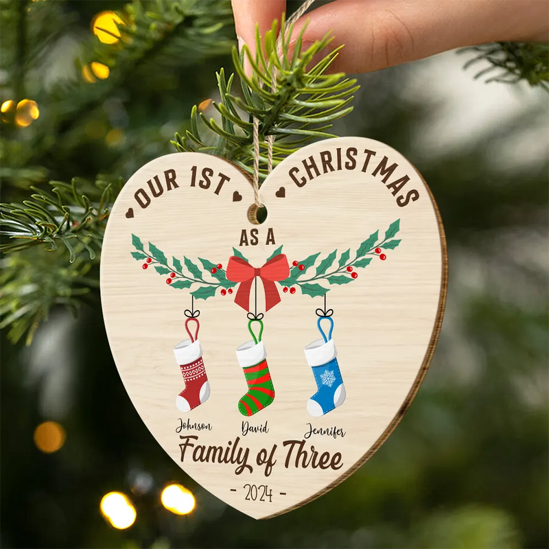 Family - First Christmas As A Family Of Four Stocking - Personalized Custom Shaped Wooden Ornament