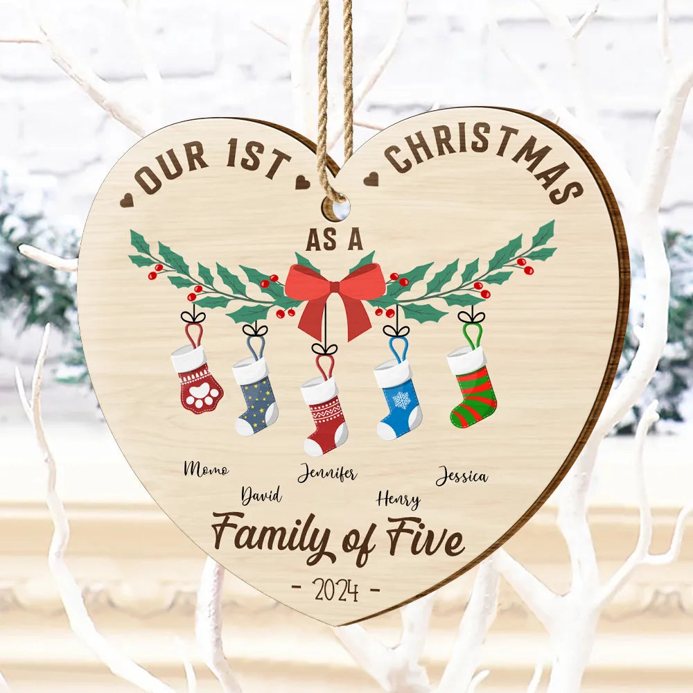 Family - First Christmas As A Family Of Four Stocking - Personalized Custom Shaped Wooden Ornament