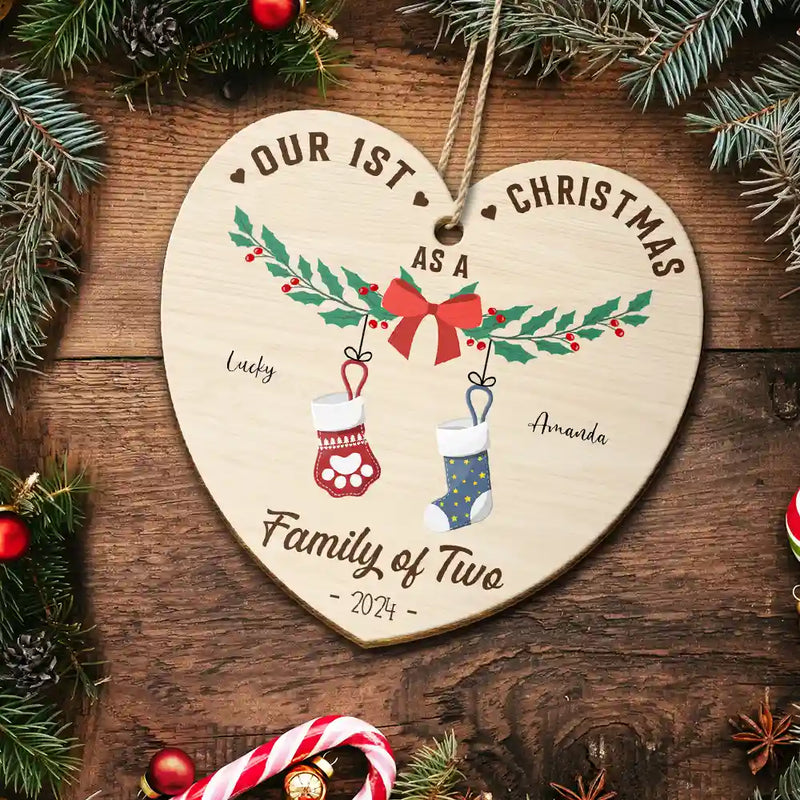 Family - First Christmas As A Family Of Four Stocking - Personalized Custom Shaped Wooden Ornament