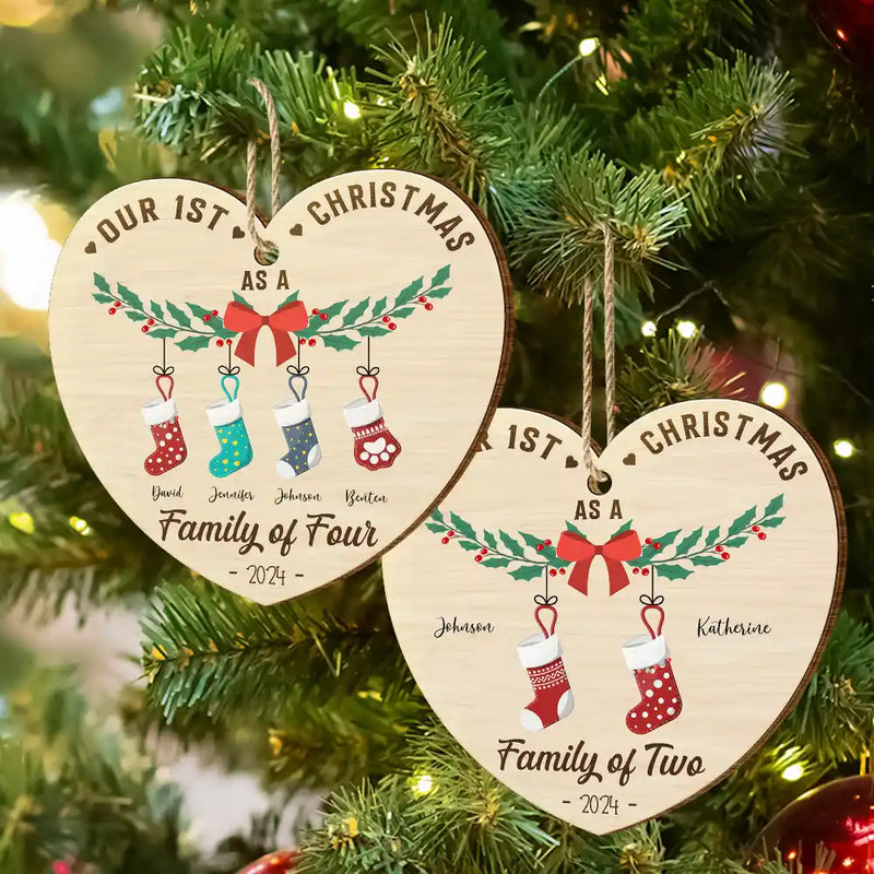 Family - First Christmas As A Family Of Four Stocking - Personalized Custom Shaped Wooden Ornament