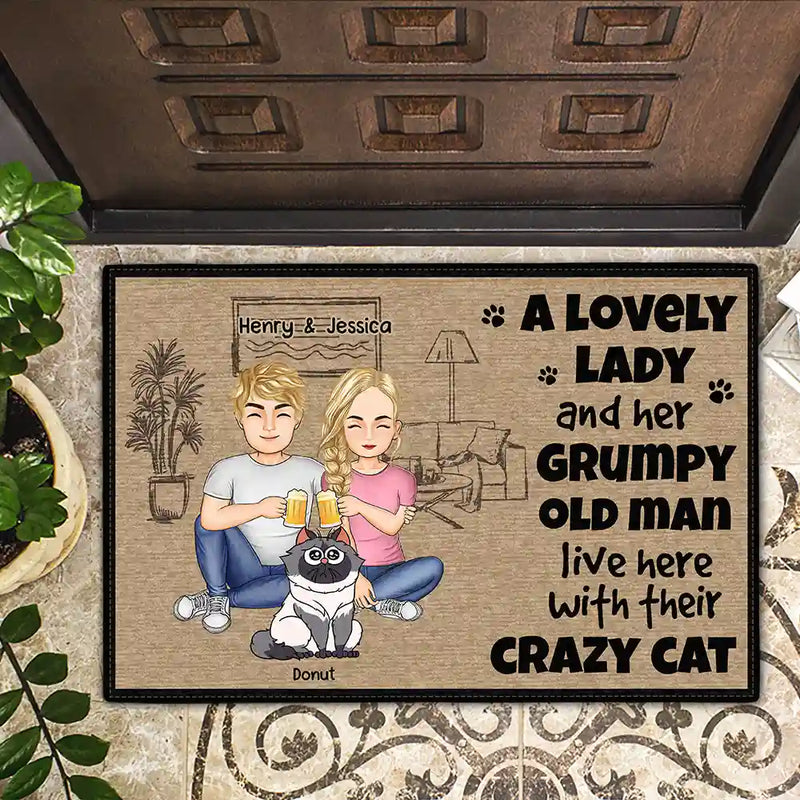 Cat Lovers, Cat Couple - Grumpy Old Man Lovely Lady Live Here - Personalized Doormat
