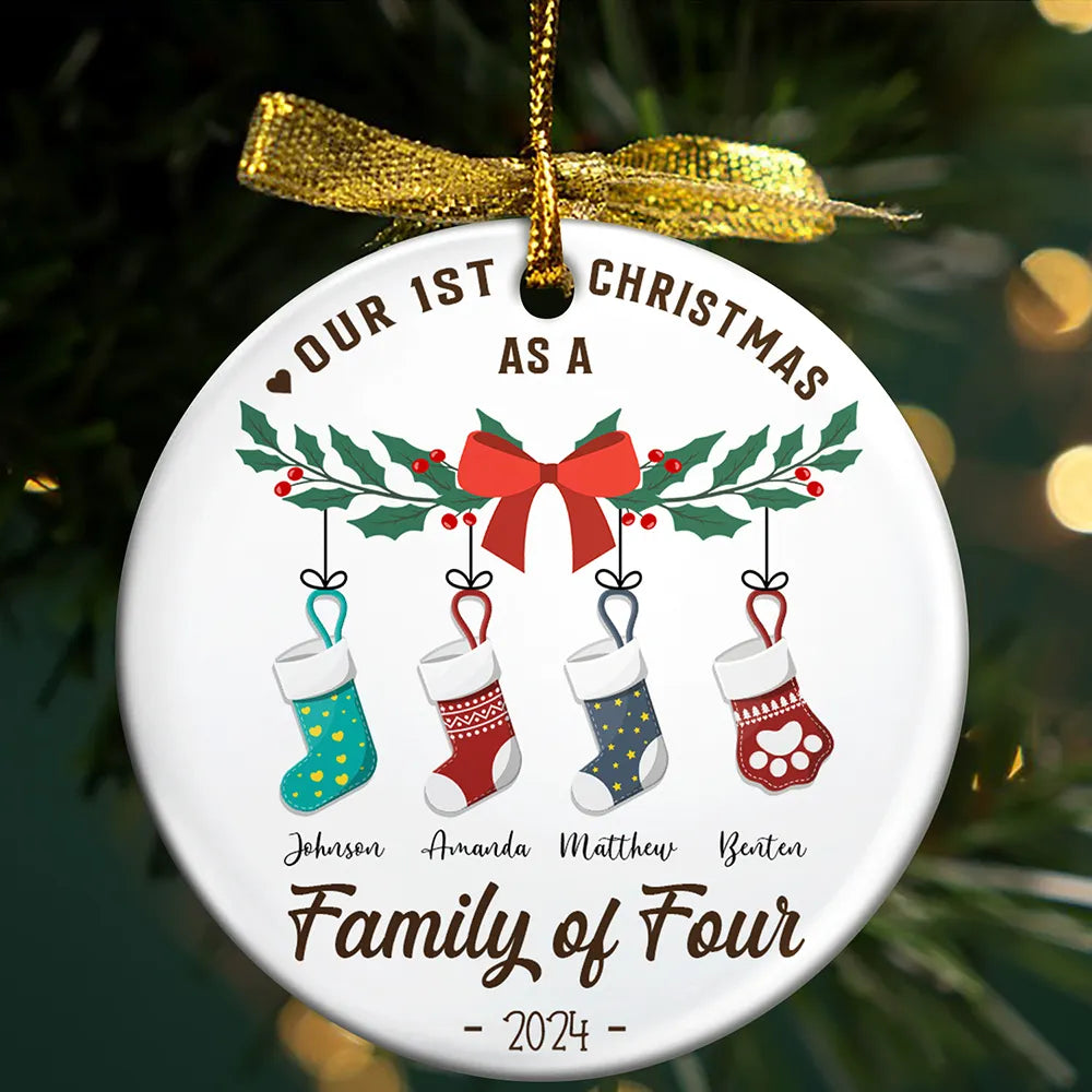 First Christmas As A Family Of Four Stocking - Personalized Circle Ceramic Ornament