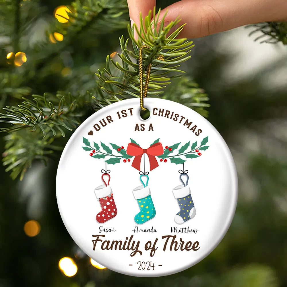 Family - First Christmas As A Family Of Four Stocking - Personalized Circle Ceramic Ornament