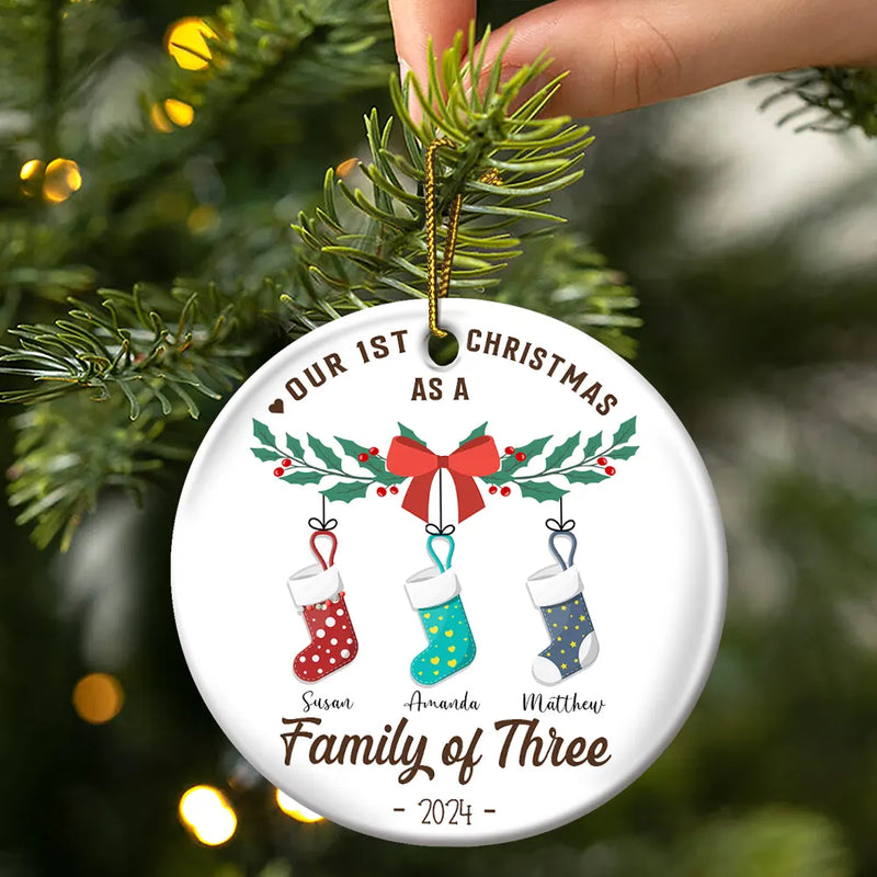 Family - First Christmas As A Family Of Four Stocking - Personalized Circle Ceramic Ornament
