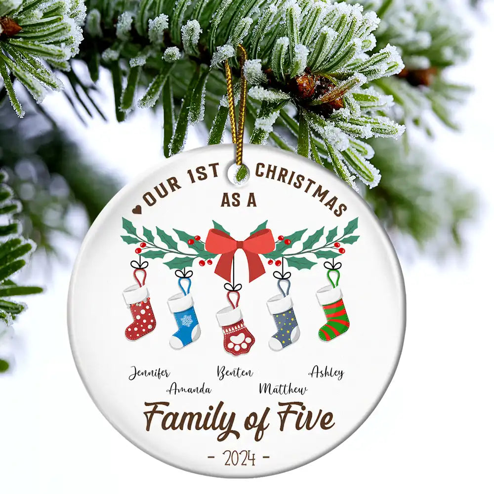 Family - First Christmas As A Family Of Four Stocking - Personalized Circle Ceramic Ornament