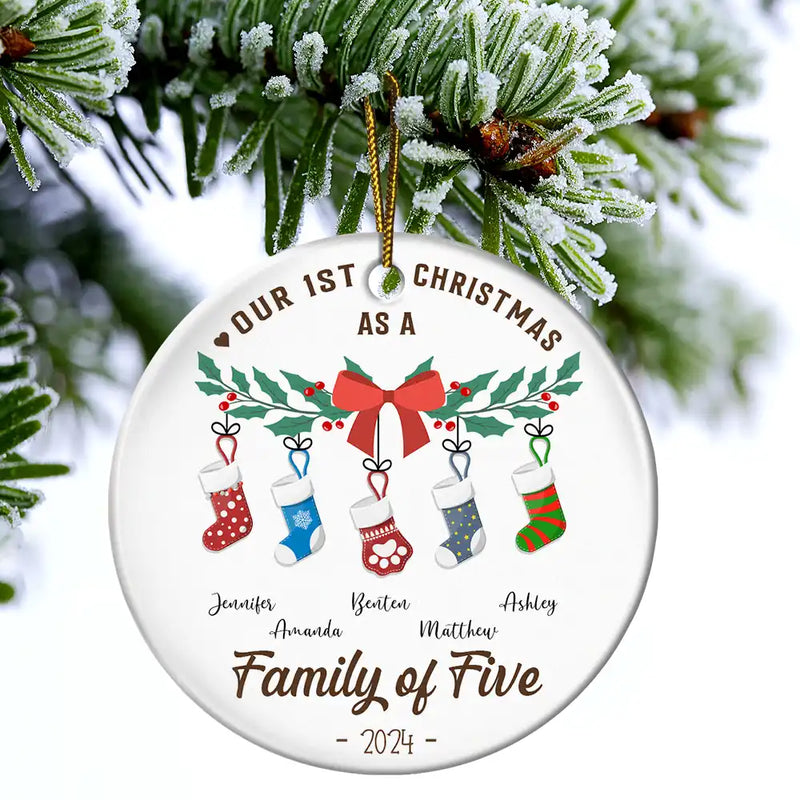 Family - First Christmas As A Family Of Four Stocking - Personalized Circle Ceramic Ornament