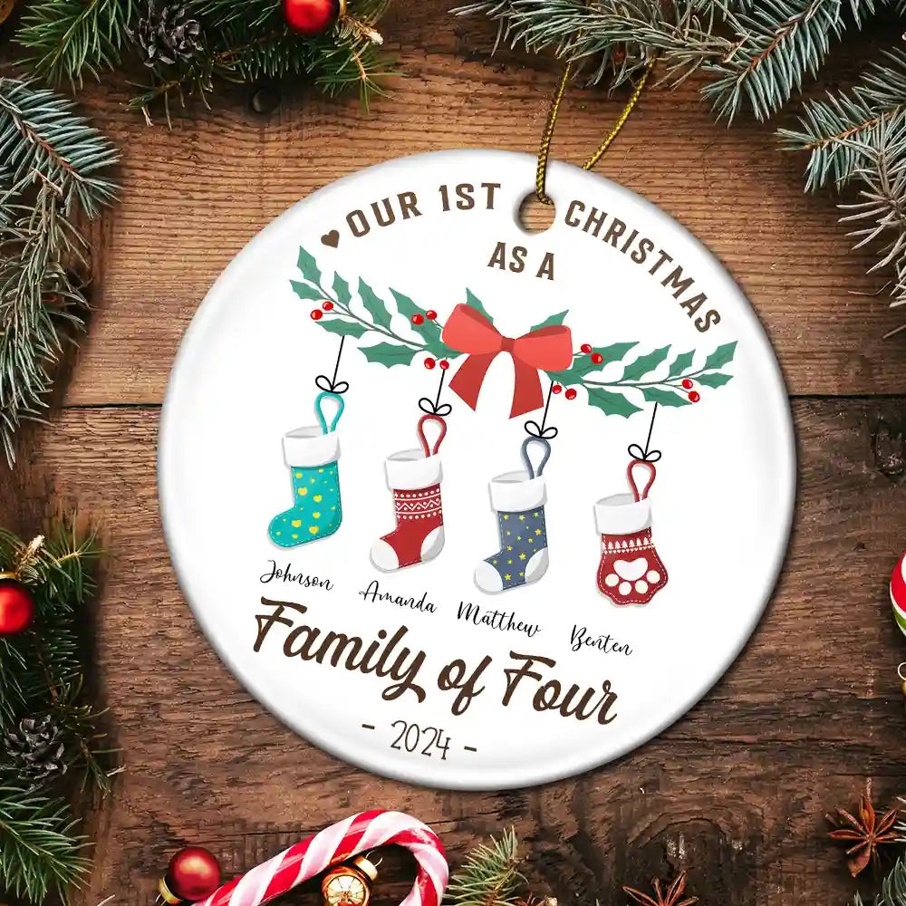 Family - First Christmas As A Family Of Four Stocking - Personalized Circle Ceramic Ornament