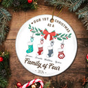Family - First Christmas As A Family Of Four Stocking - Personalized Circle Ceramic Ornament