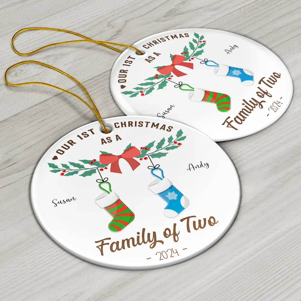 Family - First Christmas As A Family Of Four Stocking - Personalized Circle Ceramic Ornament