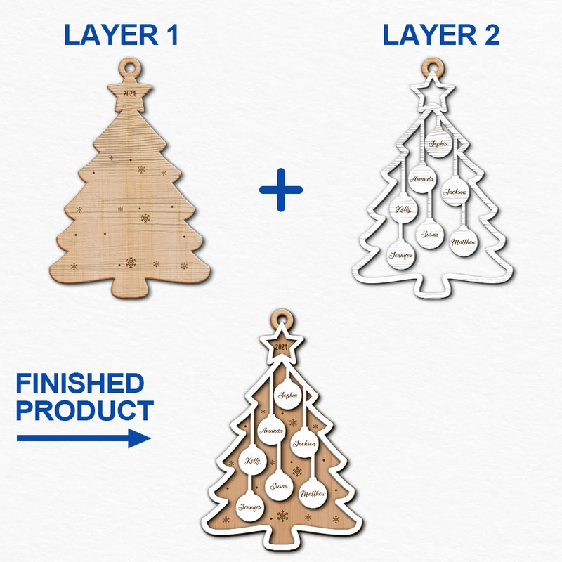 Christmas,Family,Happy - Christmas Tree Family Best Friends Co-workers - Personalized 2-Layered Wooden Ornament